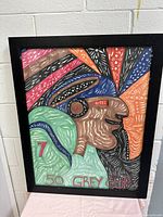 Framed colorful drawing on paper, abstract stylized person profile with patterns, number 7, and '50 Grey Cup' inscription.