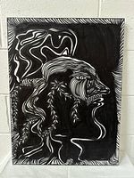 Full view of the black and white abstract painting featuring profile face and swirling line patterns.