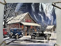 Front view of the print showing a snowy vintage grocery store with Coca Cola branding and parked classic cars.