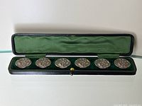 Full view of six sterling silver buttons seated in original long leatherette case with green velvet interior.