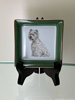 Front view of square porcelain dish on black display stand showing overall appearance and dog motif