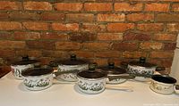 Six Portmeirion enameled pots and pans displayed front view against brick background