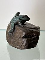 Front left profile of bronze frog on rock base
