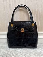 Front view of the bag upright showing flap closure, handle and scale pattern.