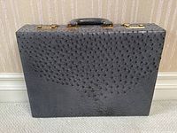 Front view of grey ostrich leather briefcase with handle