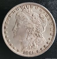 Obverse side of the 1881 Morgan silver dollar coin showing Liberty's profile and inscriptions