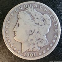 Obverse of the 1901 Morgan silver dollar showing Lady Liberty profile, date 1901, and inscriptions.