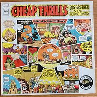 Front cover of the vinyl album Cheap Thrills by Big Brother and the Holding Company with colorful comic-style artwork featuring song titles and band members
