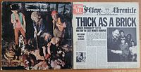 Front and back cover of the Jethro Tull album "Thick as a Brick" (1972) showing the newspaper-style cover art and band photo.