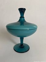 Full profile photo of teal blue glass lidded compote on pedestal with lid on.