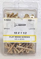 Front view of clear blister pack containing 100 brass flat wood screws with product label showing size and quantity.