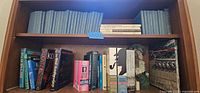Front view of bookshelf showing blue hardcover books, Native American paperback books, and other assorted books on two shelves