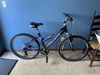 Side view of the full bicycle showing the frame, tires, seat and handlebars against a wall.