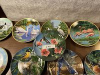 Photo showing twelve 8.5-inch round decorative china collector's plates featuring detailed bird and songbird illustrations with gold trim edges arranged on a table.