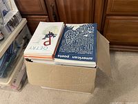 Large cardboard box filled with assorted magazines, mainly Poetry and American Poets issues, stacked and visible inside the box.