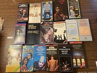 Full view of 20 assorted cassette tape box sets primarily with Opera and Classical music covers, including Russian Masterpieces, Parsifal, Cap Men among others.