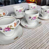 Group view of six matching JLMenau floral teacups and saucers