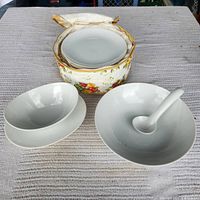 All items grouped: plates inside floral case, double bowl, serving bowl with spoon