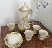 Photo showing porcelain coffee/tea pot with lid, four cups, and four saucers decorated with pink flowers and a green gradient background.