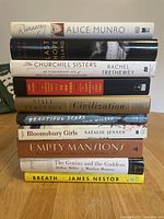 Stack of 10 assorted books including titles by Alice Munro, Rachel Trethewey, and others, shown spine view.
