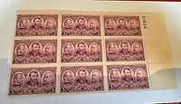 Block of 9 U.S. 3 cent stamps, unused condition, showing Sherman, Grant, Sheridan portraits in brownish-red ink, with margin number 21634.