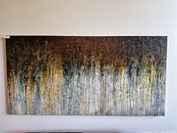 Straight-on view of full canvas showing entire abstract painting with brown, gold, silver and gray textured layers.