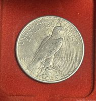 Reverse side of 1925 Peace Dollar coin showing an eagle perched on a rock with rays background, inscriptions 'UNITED STATES OF AMERICA', 'E PLURIBUS UNUM', 'ONE DOLLAR', and 'PEACE'.