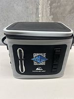 Front view of the gray and black marine cooler with Granville Island logo and Marine Way brand name.