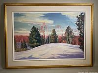 Framed oil painting depicting winter landscape with snow, pine trees, and birch trees under a cloudy sky.