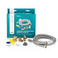 Full display of all components included in the dishwasher waterline install kit showing hoses, brass fittings, wire nuts, screws, and Teflon tape with the kit box in background.