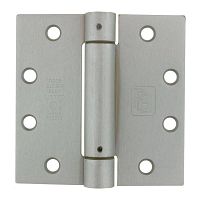Close-up of a single satin nickel finish steel spring door hinge with markings showing UL listing and door closer certification.