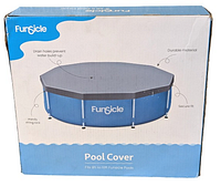 Box front with Funsicle pool cover illustration and product features such as drain holes, durable material, secure fit, and handy string lock.
