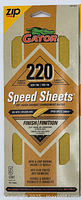 Front of product packaging showing Gator Zip 220 grit sanding sheets with branding and product features.