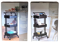 Front of product box showing multi-purpose 3 tier rolling cart with items placed on shelves