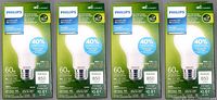 Front view of four Philips LED bulb packages showing key features like 60W equivalent, 850 lumens, 5W energy use and 40% energy savings.