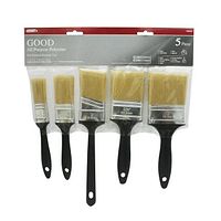 Front view of Pintar Good 5 piece polyester brush set, packaged and new with black handles and light beige bristles.