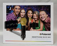 Front of Polaroid Smartphone Selfie Mic box showing group of five people using the mic and selfie stick for recording.