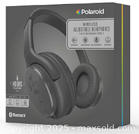 Front view of Polaroid wireless adjustable headphones in packaging showing features and branding.