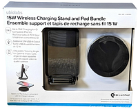 Front of the retail box showing Ubiolabs 15W Wireless Charging Stand and Pad Bundle with clear window displaying the black wireless charging stand and white charging pad inside.