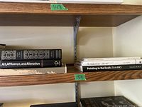 Overview photo showing two shelves with books including Art, Affluence, and Alienation and Painting in the South 1564-1980.