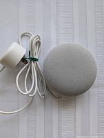 Google Nest Mini smart speaker front with fabric mesh and power adapter coiled beside it