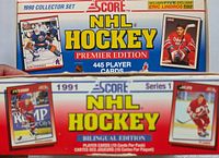 Front and side view of 1990 Score NHL Hockey Premier Edition Collector Set box with 445 player cards and Eric Lindros exclusive bonus cards.