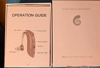 Photo of the hearing aid operation guide showing the device's buttons and features including ear hook, tuning button, mode button, switch, indicator light, and earplugs.