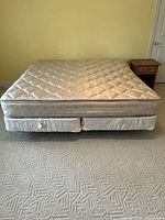Front view of beige quilted king size mattress atop two box springs showing overall condition and setting in room.