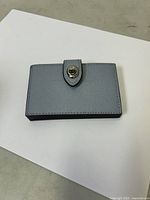 Front view of baby blue card holder with snap button clasp, showing textured leather and condition.