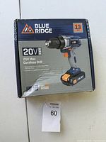 Box of Blue Ridge 20V Max cordless drill with branding and specifications visible