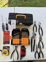 Overview photo showing the entire tool set neatly arranged on a white surface outdoors, including drill bits, pliers, screwdrivers, tape measure, hex keys, and carrying case.