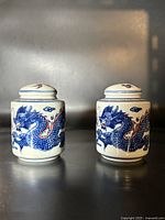 Photo of the pair of blue and white Chinese porcelain jars with dragon decoration on a dark background