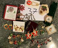 Photo of assorted Christmas and holiday-themed jewelry laid out together showing brooches, earrings, bracelets, a wristwatch, and a money clip.