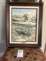 Full view of the framed "Meadow School" print by Marty Bell, showing the pastoral countryside scene and ornate frame.